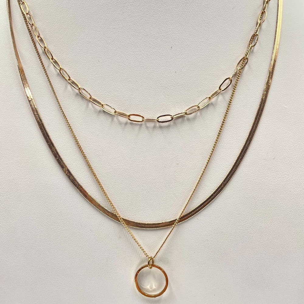 VTG Gold Layered Chain Necklace Herringbone Paperclip Circle Pendant Minimalist